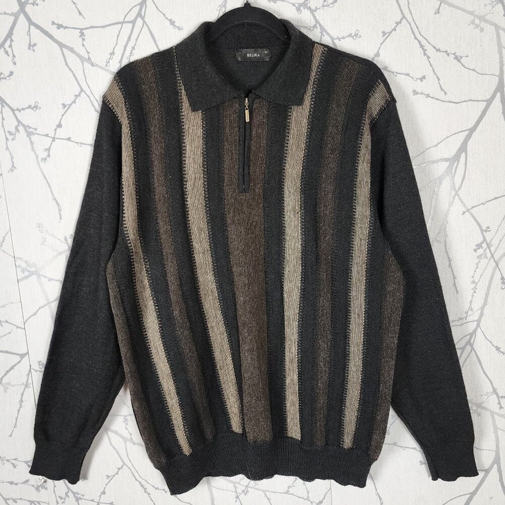 Belika Stripe 3D Knit 50% Wool Blend Quarter Zip Sweater